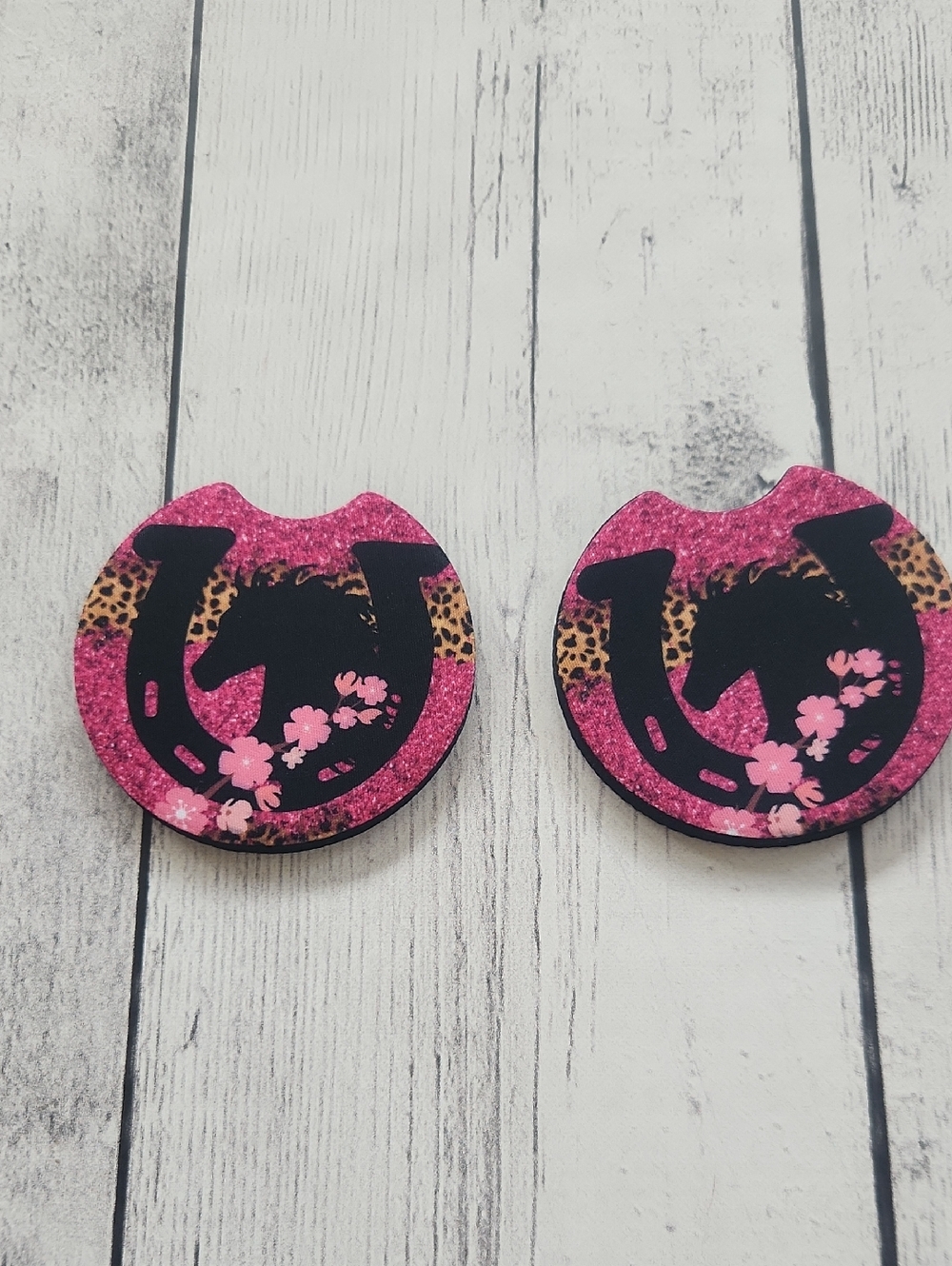New Horse Car Coasters With Flowers And Horseshoe. Neoprene Material Set Of 2